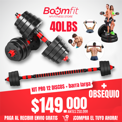 Kit pesas 40 libras PRO Multifuncional + barra larga 1,40 M + LAZO PRO DE SALTO