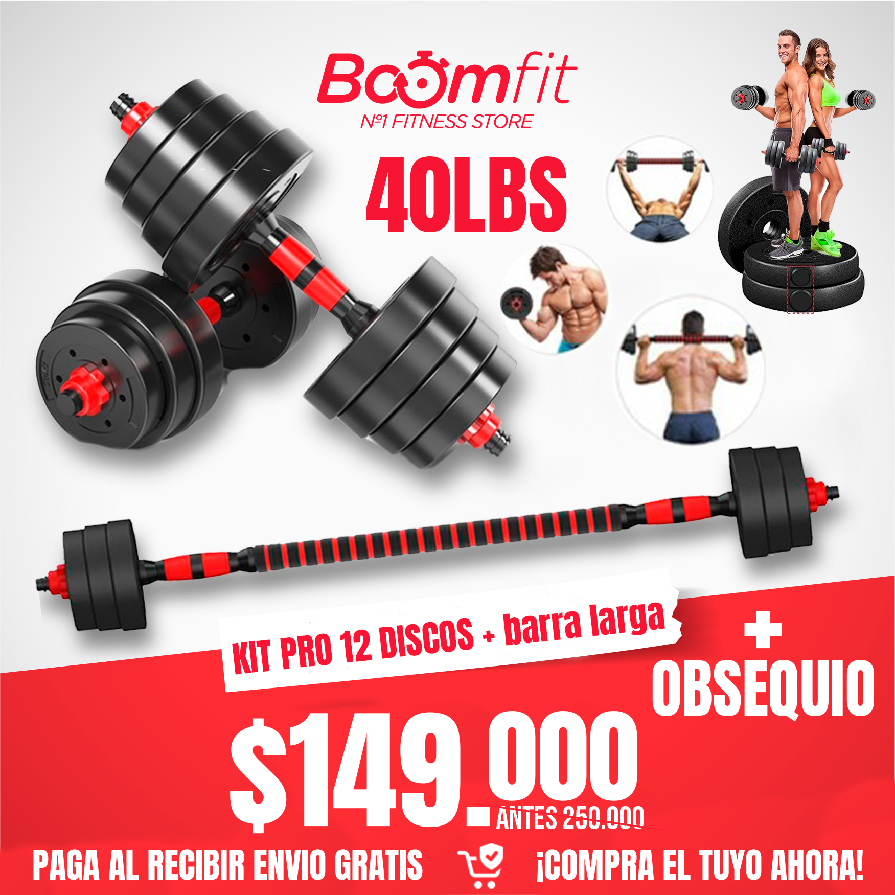Kit pesas 40 libras PRO Multifuncional + barra larga 1,40 M + LAZO PRO DE SALTO